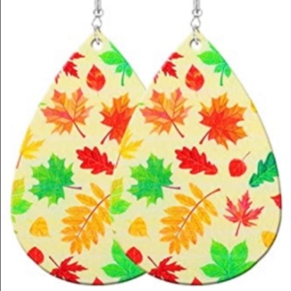 Fall/Autumn festive leaves faux leather tear drop earrings